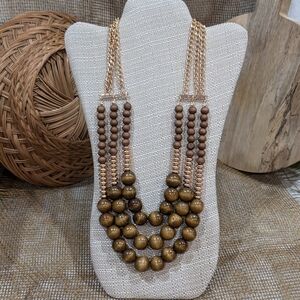Chunky Wood Bead Gold Tone Three-Strand Necklace